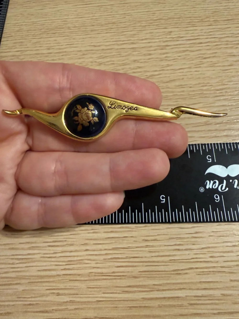 Vintage Limoges Castel France Gold Cobalt Blue Porcelain Brooch Pin 22k‎ Gold